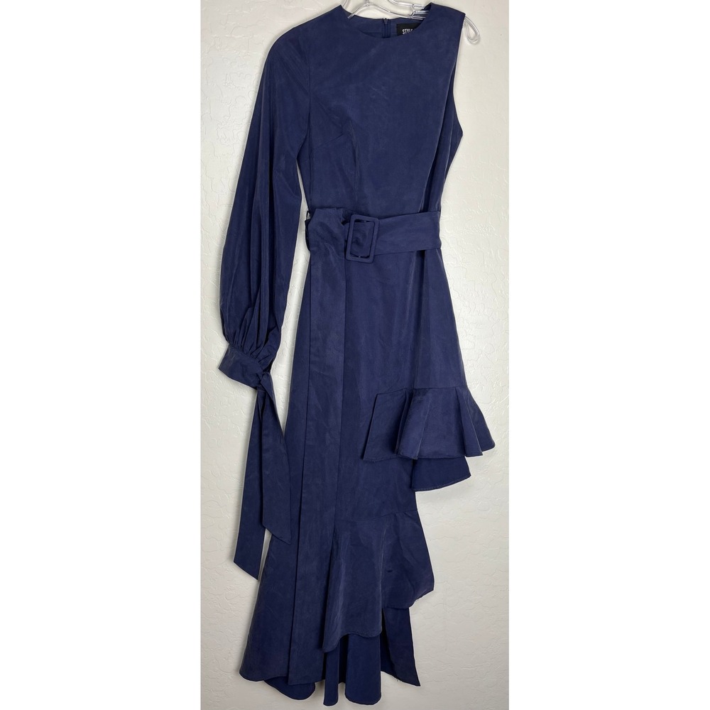 Style Mafia Navy Blue Asymmetric One Shoulder Ruffle Belted Midi Dress XS 2572